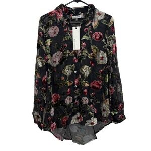 Paparazzi Shirt Womens Large Black Floral Velvet Burnout High Low Button Front